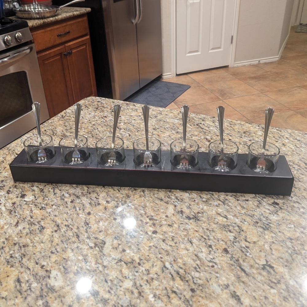 VTG Black Wood & Glass Multi-Use 7 Glass Food, Shot Flights & Candle Holders 21"
